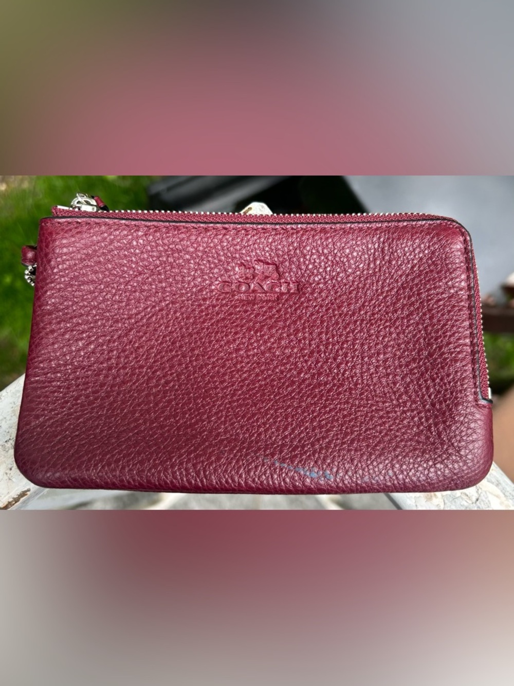 Coach Burgundy Pebbled Leather Double Zip Wristlet Clutch Wallet